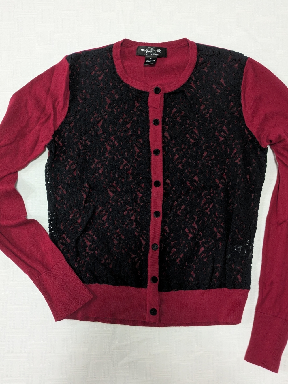 August Silk Heritage Size S Burgundy Red Cardigan Black Lace Overlay Buttons
